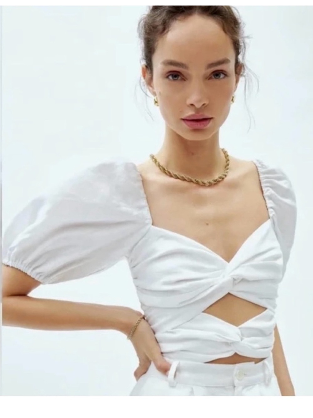 NWT Reformation White Linen Twist-Detail Puff‎ Sleeve Crop Top